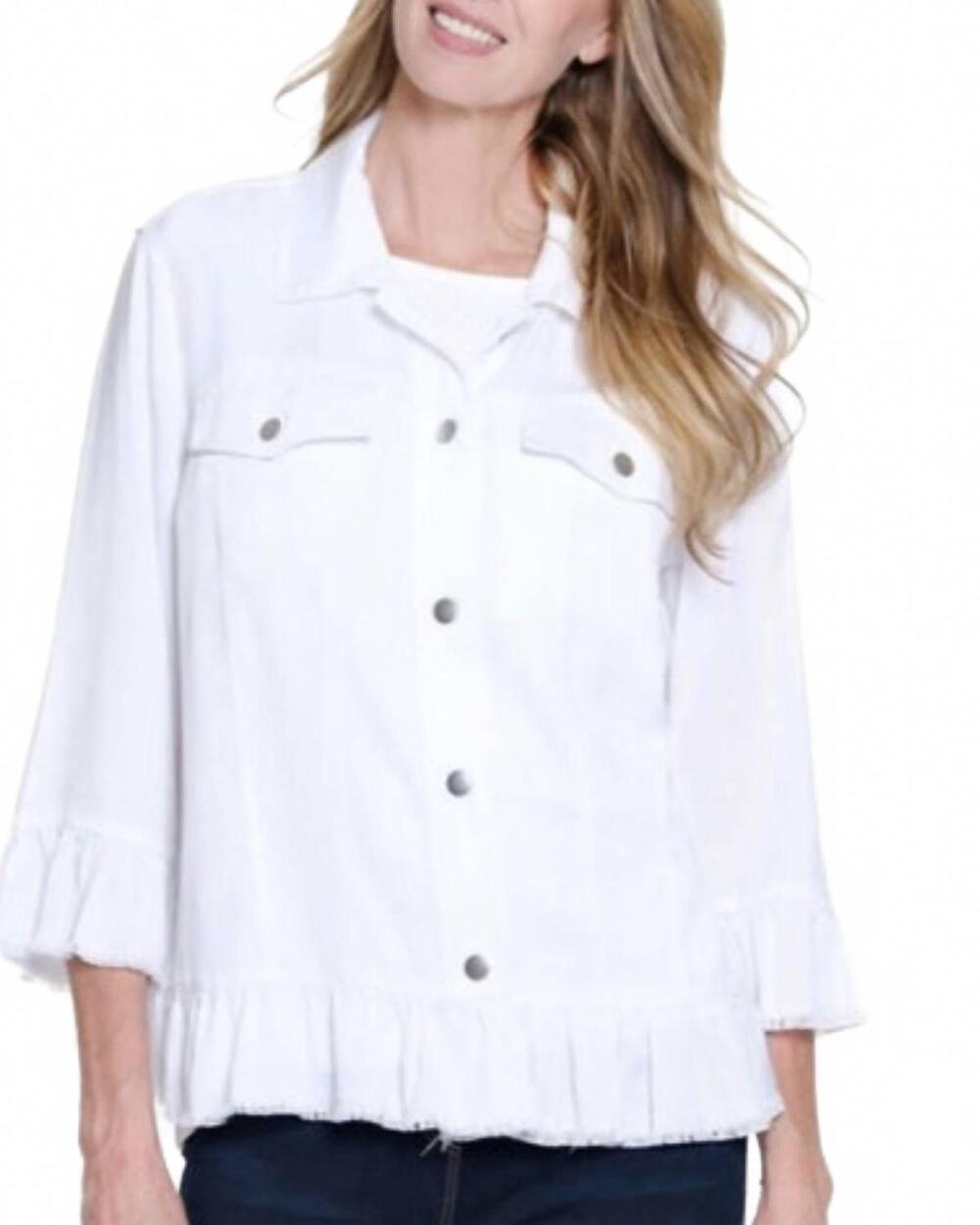 NEW MULTIPLES 3/4 sleeve ruffle hem jean jacket in white